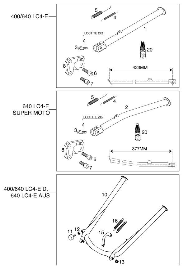 BEQUILLE LATERALE  BEQUILLE CENTRALE POUR 640 LC4 E 2000 EU