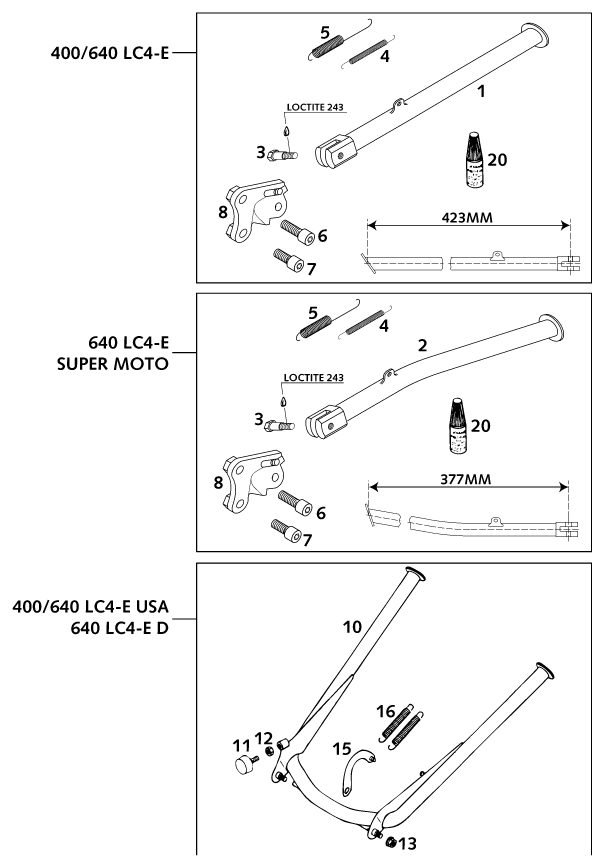 BEQUILLE LATERALE  BEQUILLE CENTRALE POUR 640 LC4 E SUPER MOTO 2001 EU