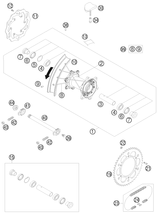 ROUE ARRIERE POUR 125 EXC 2008 EU