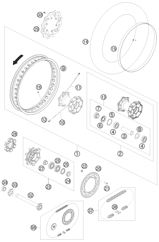 ROUE ARRIERE POUR 690 ENDURO 2010 (AU/GB)