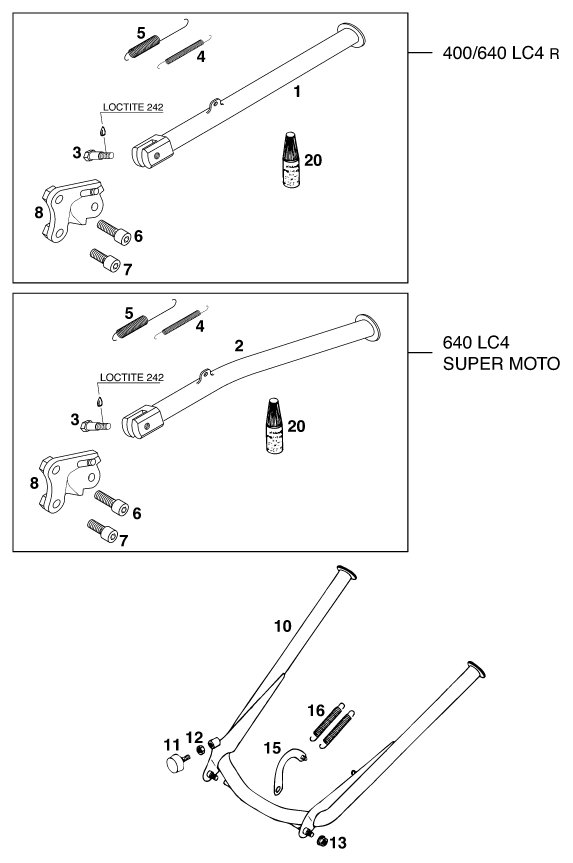 BEQUILLE LATERALE  BEQUILLE CENTRALE POUR 620 LC 4 SUPER MOTO 99 EU